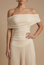 Women's Off Shoulder Maxi Dress - Pleated Stylish Wedding Guest Style