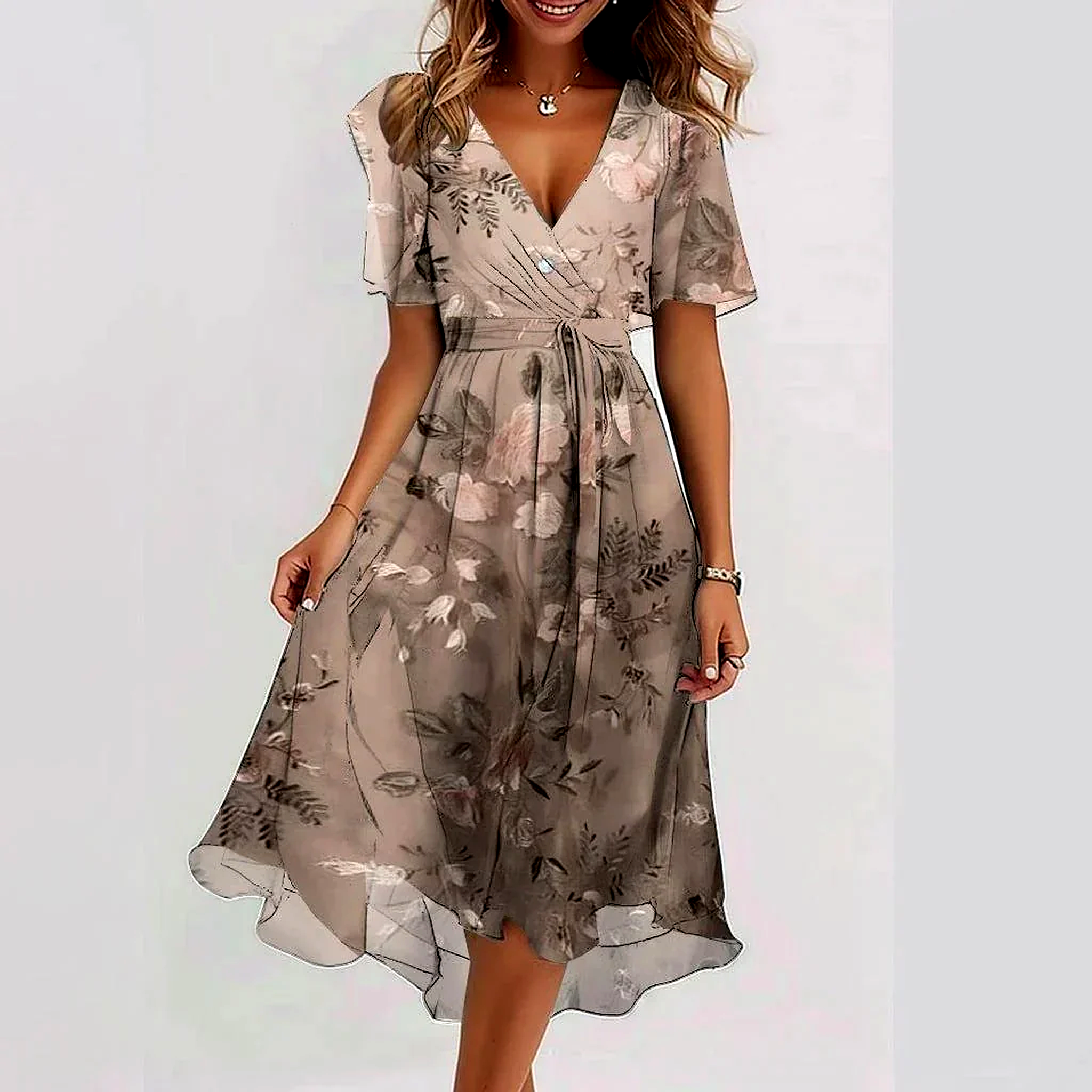 Women's V-Neck Wrap Midi Dress - Short Sleeve Summer Dress