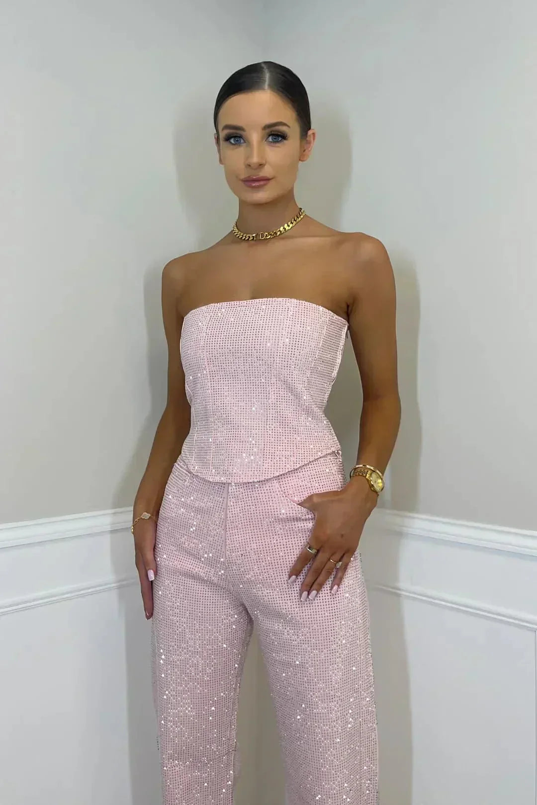 Women’s Glitter Two Set – Country High Waisted Pants and Strapless top, Evening Outfit
