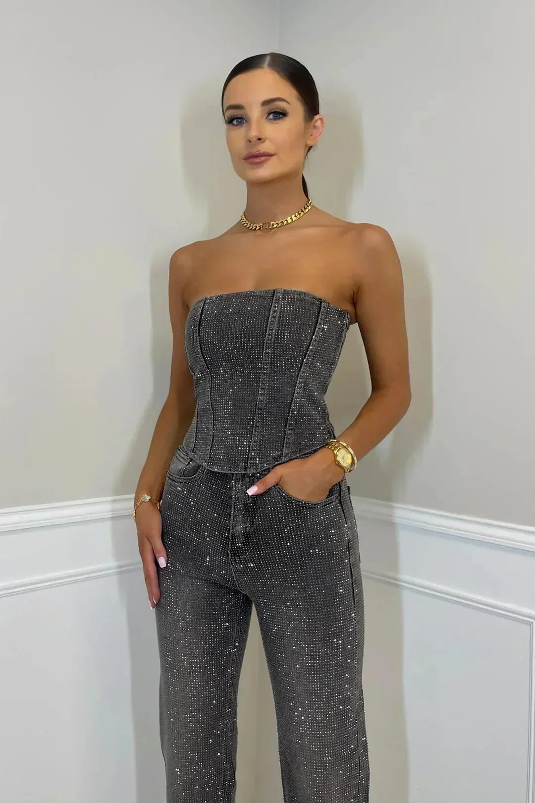 Women’s Glitter Two Set – Country High Waisted Pants and Strapless top, Evening Outfit