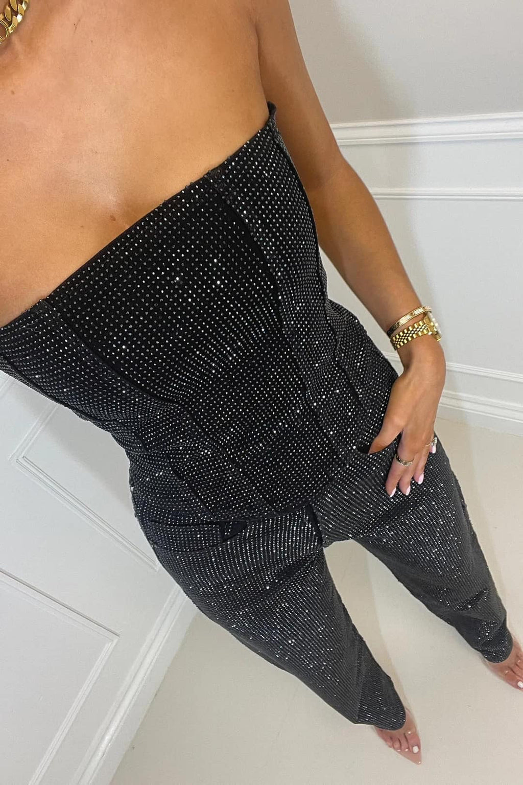 Women’s Glitter Two Set – Country High Waisted Pants and Strapless top, Evening Outfit