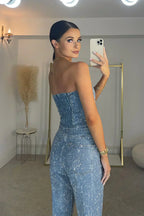 Women’s Glitter Two Set – Country High Waisted Pants and Strapless top, Evening Outfit