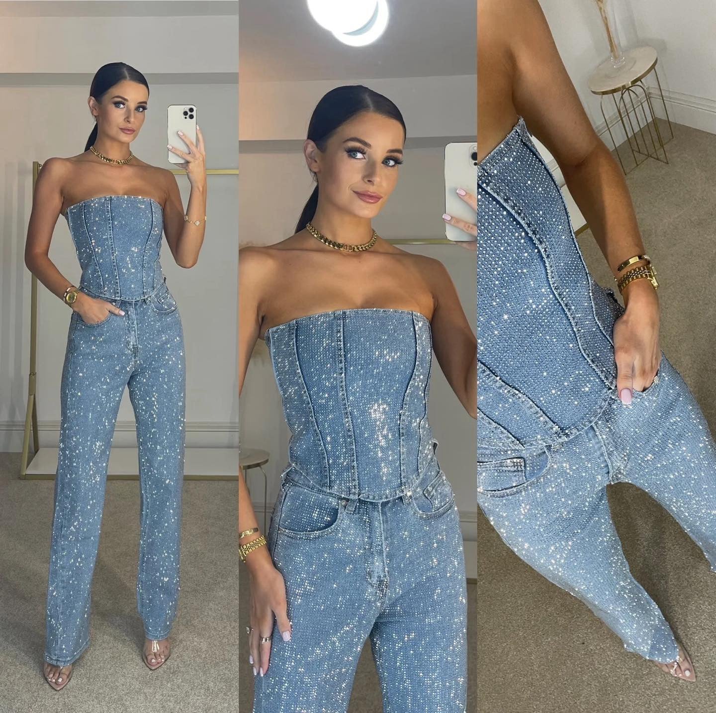 Women’s Glitter Two Set – Country High Waisted Pants and Strapless top, Evening Outfit