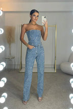 Women’s Glitter Two Set – Country High Waisted Pants and Strapless top, Evening Outfit