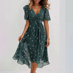 Women's V-Neck Wrap Midi Dress - Short Sleeve Summer Dress