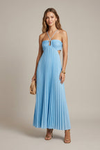 Women's Halter Neck Maxi Dress - Flowy Pleated Wedding Guest Cut-Out Tie Back