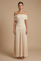 Women's Off Shoulder Maxi Dress - Pleated Stylish Wedding Guest Style