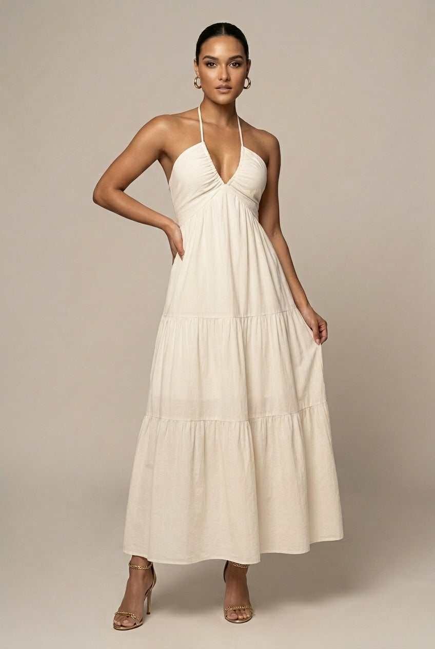 Women's Halter Neck Maxi Dress - Flowy Tiered Ruffle Open Back