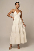 Women's Halter Neck Maxi Dress - Flowy Tiered Ruffle Open Back