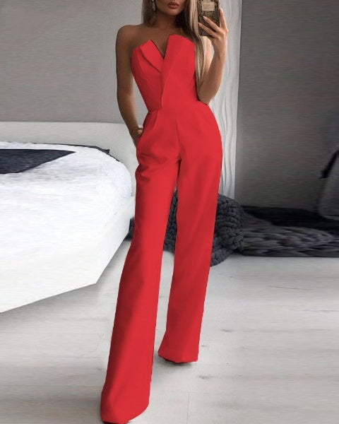 Women’s Wide Leg Jumpsuit – Strapless V-Neck One-Piece