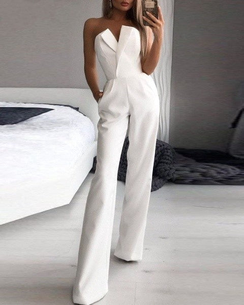 Women’s Wide Leg Jumpsuit – Strapless V-Neck One-Piece