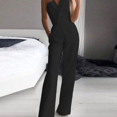 Women’s Wide Leg Jumpsuit – Strapless V-Neck One-Piece
