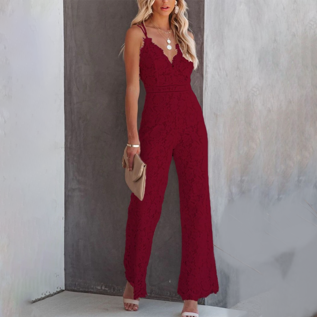 Women’s Lace V-Neck Wide-Leg Jumpsuit – Elegant One-Piece Outfit