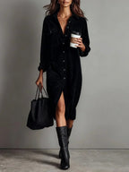 Women's Midi Shirt Dress - Button Down Front Open Collar Dress