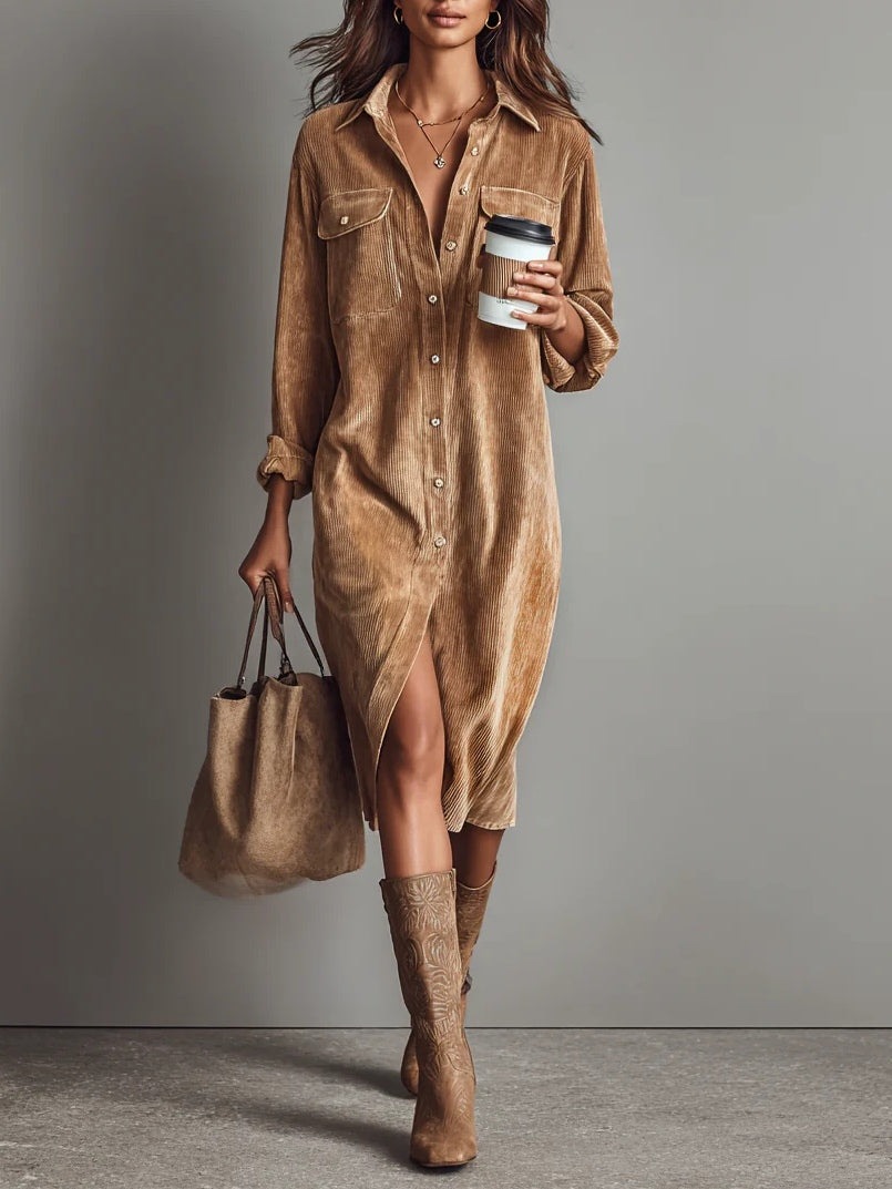 Women's Midi Shirt Dress - Button Down Front Open Collar Dress