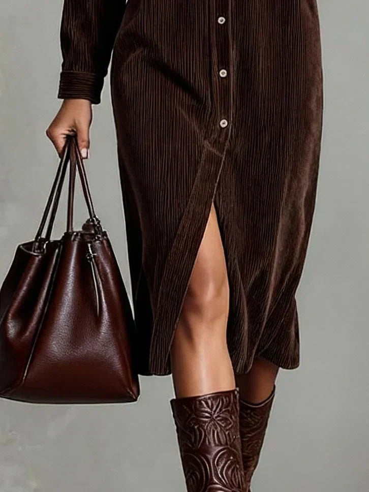 Women's Midi Shirt Dress - Button Down Front Open Collar Dress
