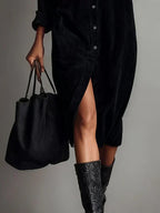 Women's Midi Shirt Dress - Button Down Front Open Collar Dress
