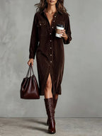Women's Midi Shirt Dress - Button Down Front Open Collar Dress