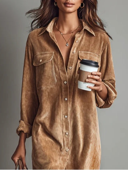 Women's Midi Shirt Dress - Button Down Front Open Collar Dress