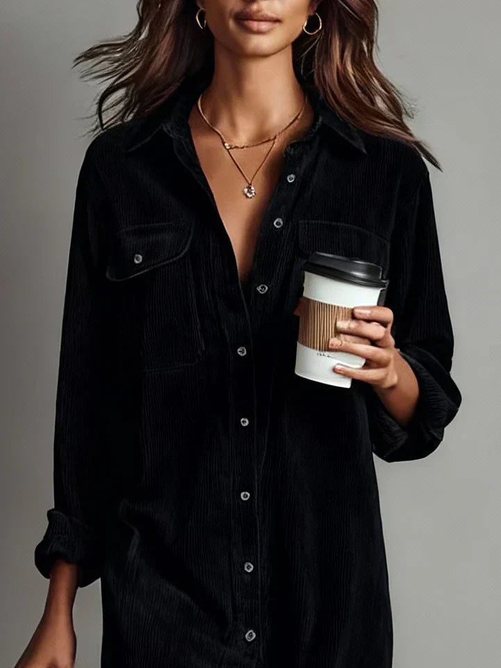 Women's Midi Shirt Dress - Button Down Front Open Collar Dress