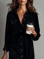 Women's Midi Shirt Dress - Button Down Front Open Collar Dress