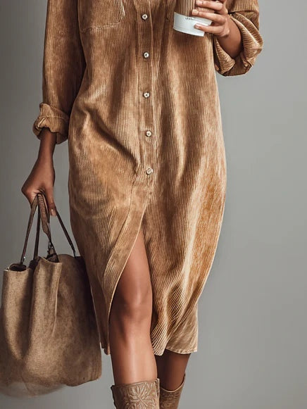 Women's Midi Shirt Dress - Button Down Front Open Collar Dress