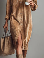 Women's Midi Shirt Dress - Button Down Front Open Collar Dress
