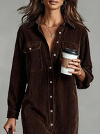 Women's Midi Shirt Dress - Button Down Front Open Collar Dress