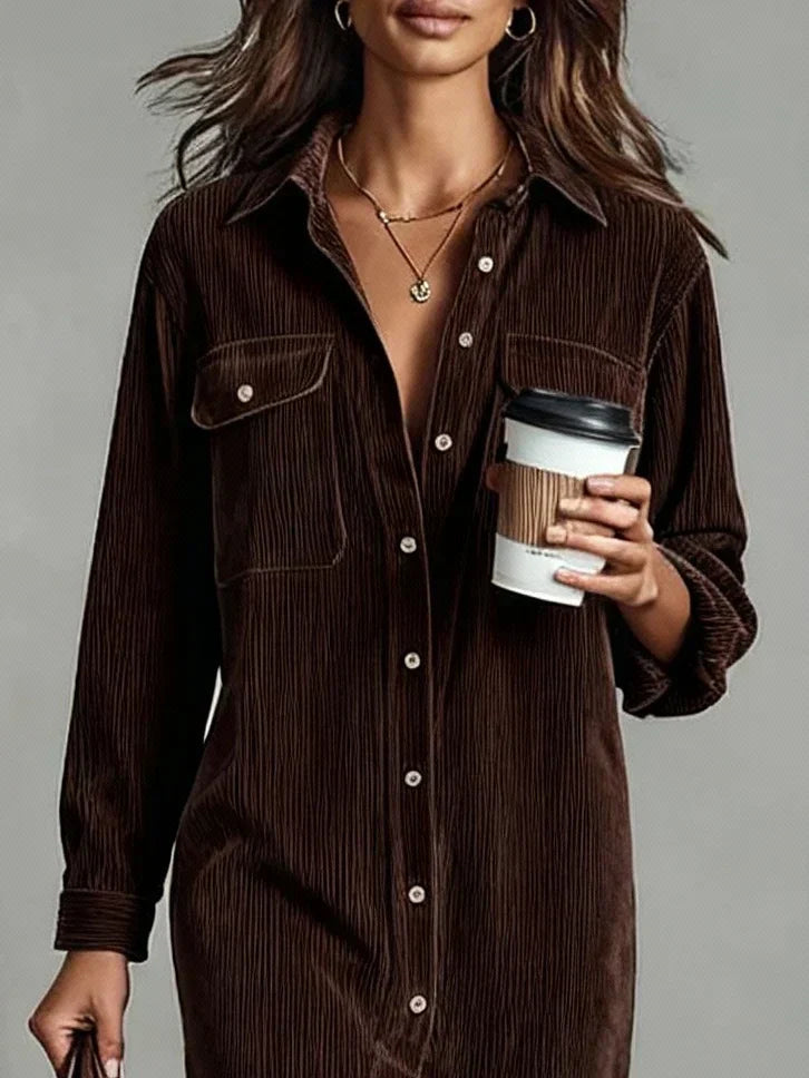 Women's Midi Shirt Dress - Button Down Front Open Collar Dress
