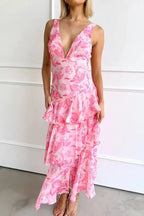 Women’s Ruffled Maxi Dress - Floral Layers Wedding Guest Dress