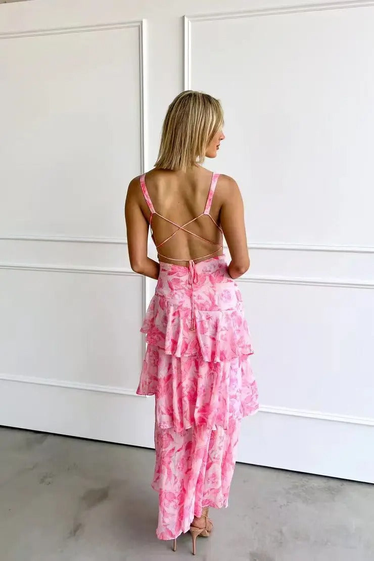 Women’s Ruffled Maxi Dress - Floral Layers Wedding Guest Dress