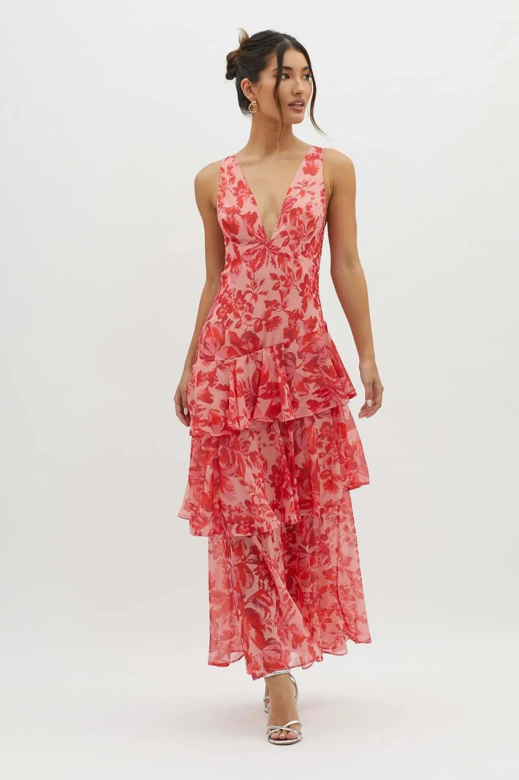 Women’s Ruffled Maxi Dress - Floral Layers Wedding Guest Dress