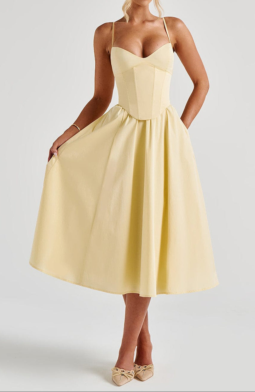 Women's A-Line Midi Dress - Side Pockets Corset Style with Sweetheart Neckline