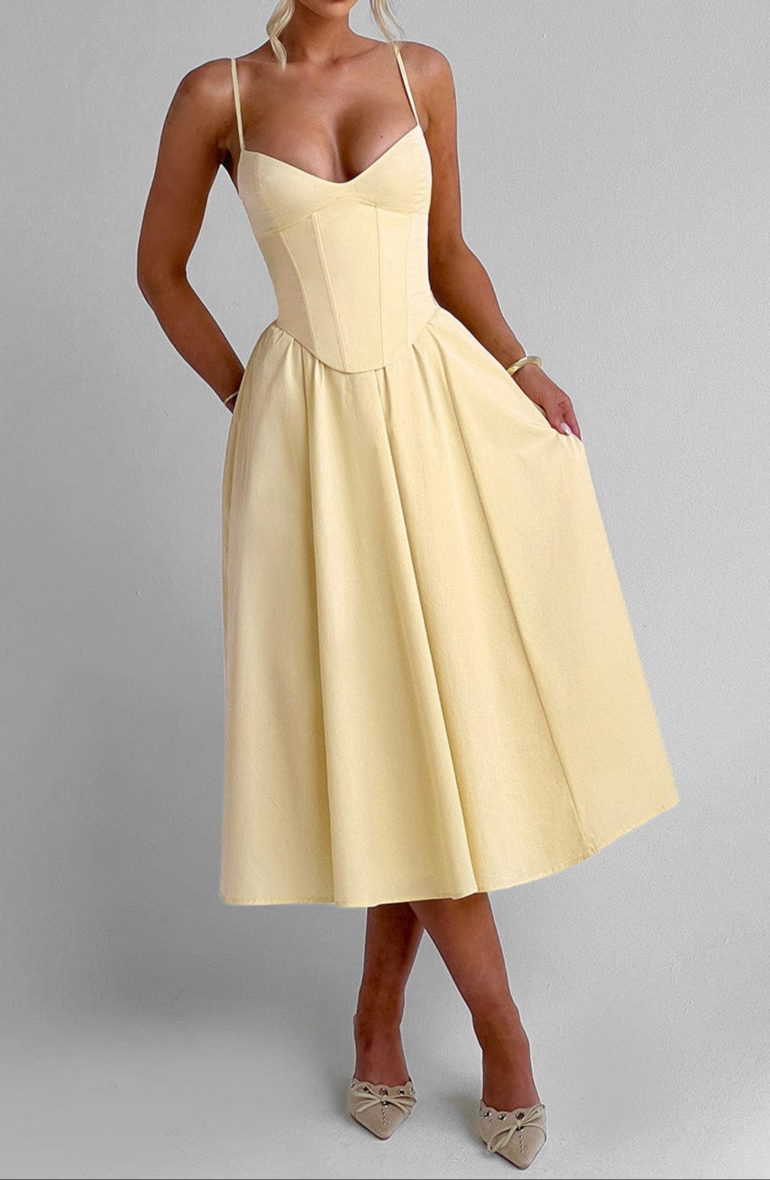 Women's A-Line Midi Dress - Side Pockets Corset Style with Sweetheart Neckline