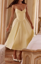 Women's A-Line Midi Dress - Side Pockets Corset Style with Sweetheart Neckline