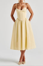 Women's A-Line Midi Dress - Side Pockets Corset Style with Sweetheart Neckline