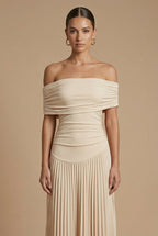 Women's Off Shoulder Maxi Dress - Pleated Stylish Wedding Guest Style