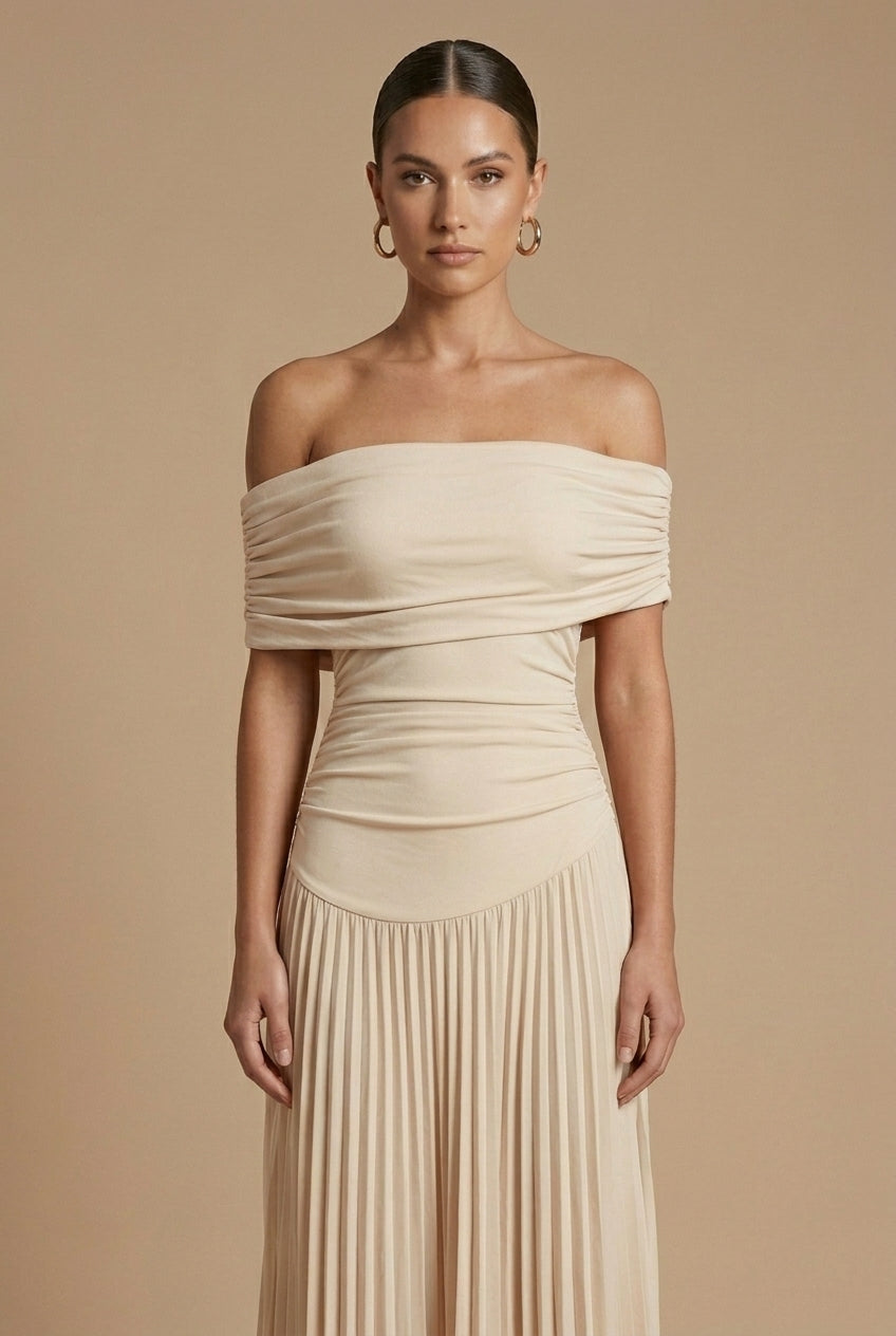 Women's Off Shoulder Maxi Dress - Pleated Stylish Wedding Guest Style
