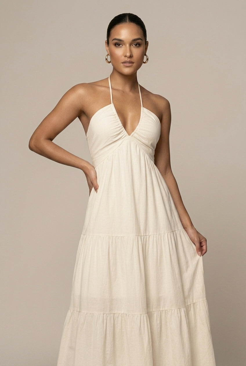Women's Halter Neck Maxi Dress - Flowy Tiered Ruffle Open Back