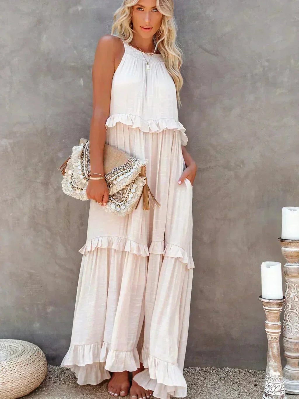 Women's Sleeveless Maxi Dress - Layered Ruffles Summer Wedding Guest Outfit
