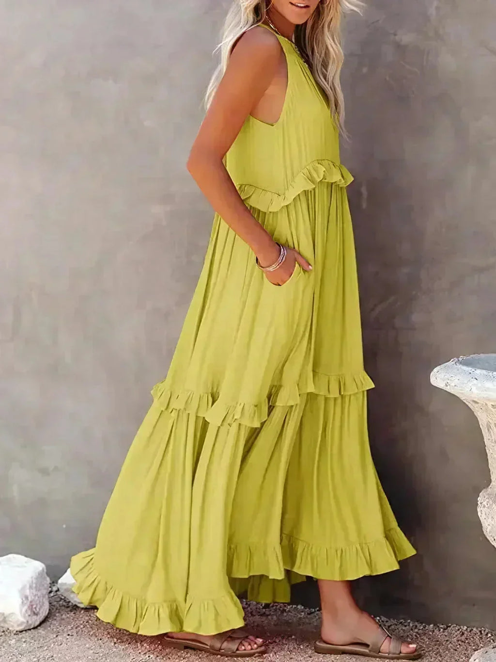 Women's Sleeveless Maxi Dress - Layered Ruffles Summer Wedding Guest Outfit