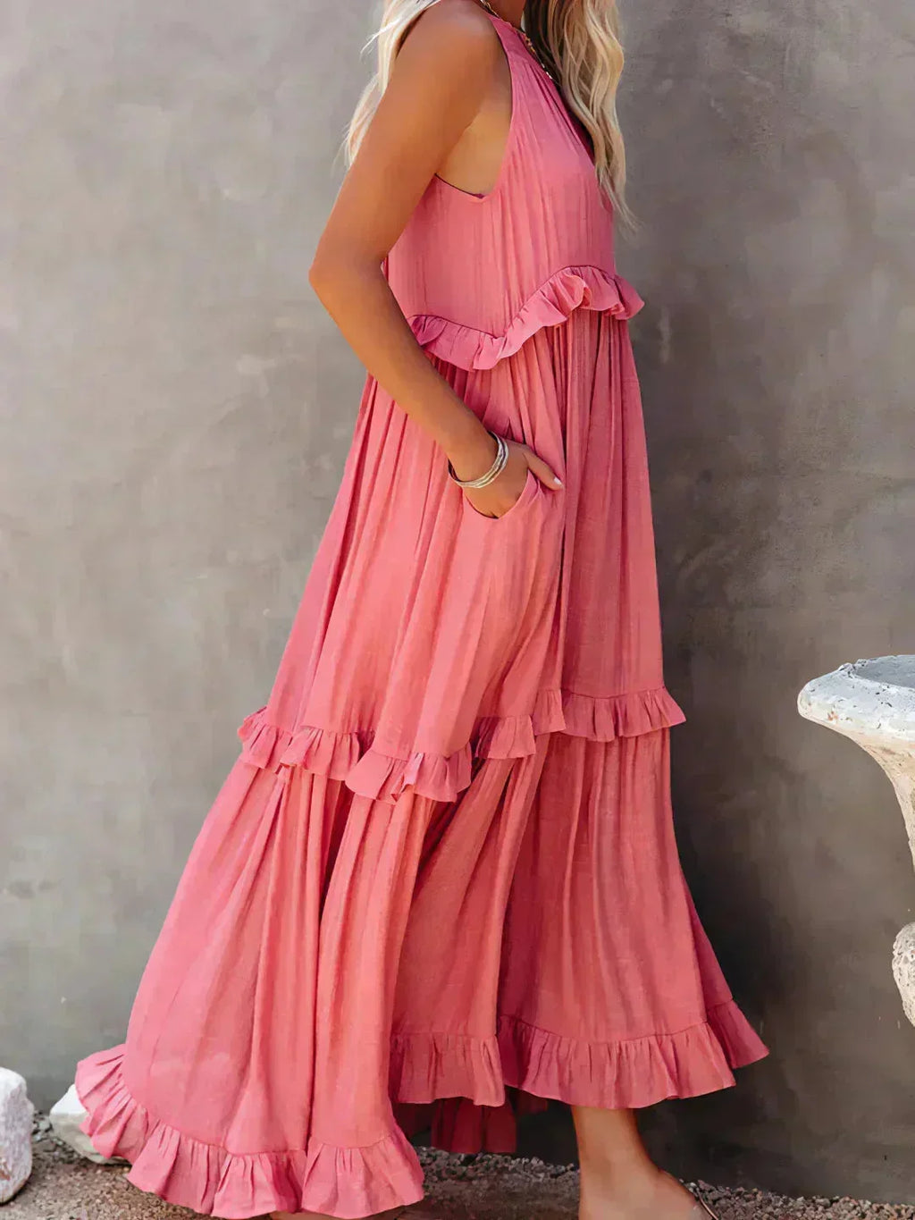 Women's Sleeveless Maxi Dress - Layered Ruffles Summer Wedding Guest Outfit