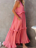 Women's Sleeveless Maxi Dress - Layered Ruffles Summer Wedding Guest Outfit