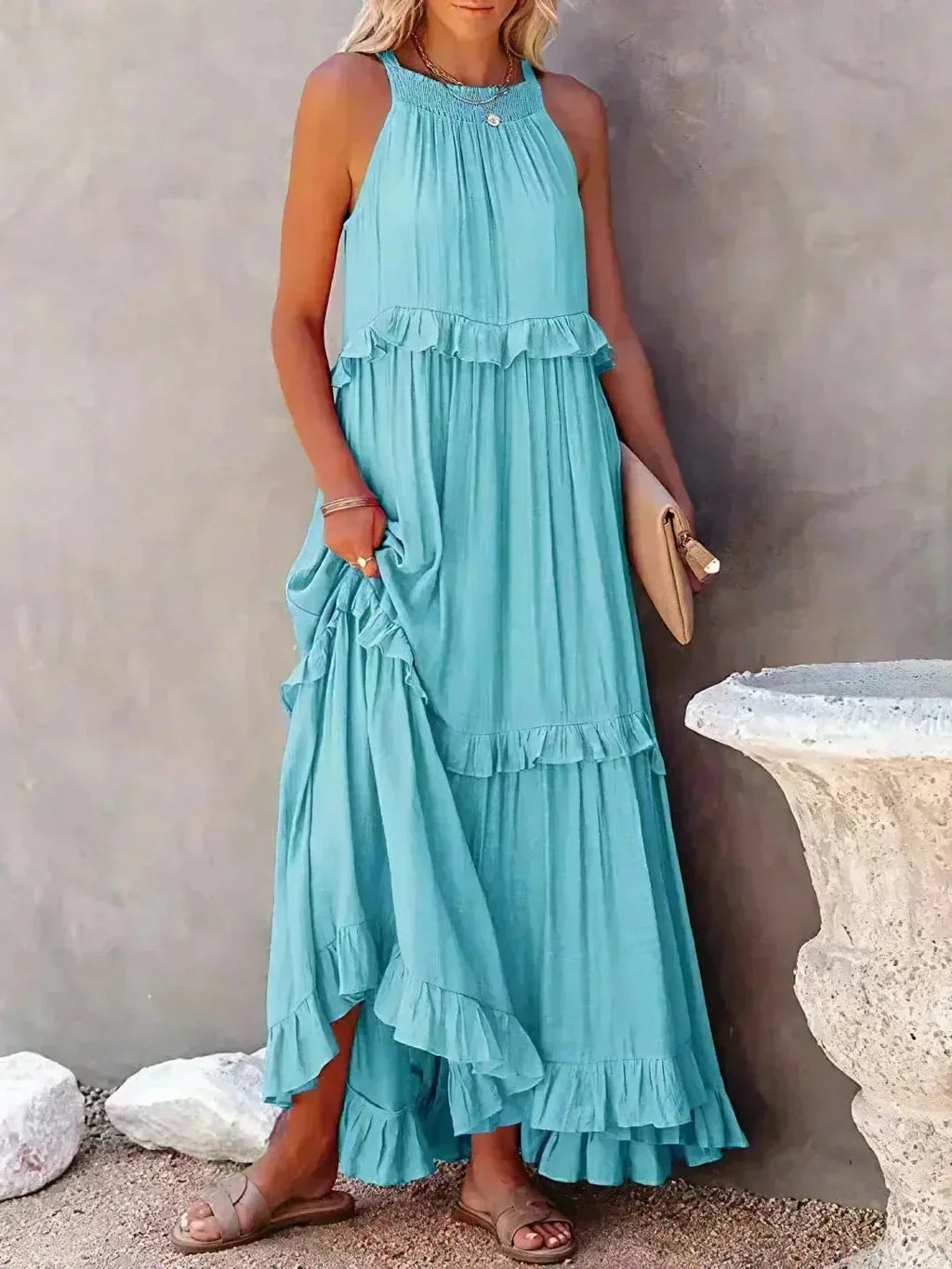 Women's Sleeveless Maxi Dress - Layered Ruffles Summer Wedding Guest Outfit