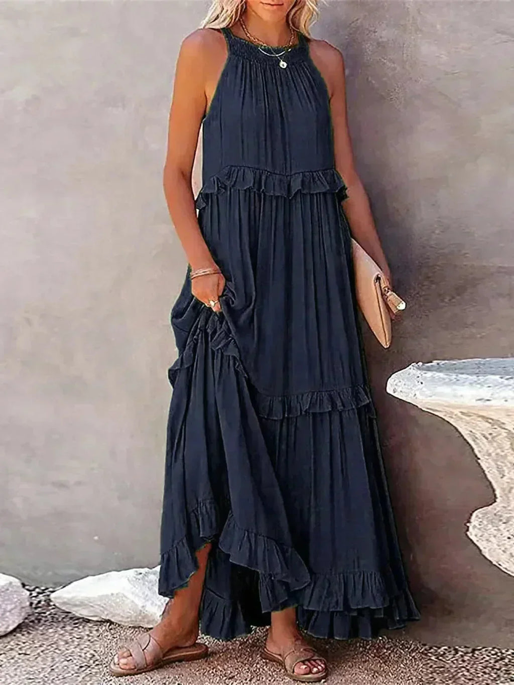 Women's Sleeveless Maxi Dress - Layered Ruffles Summer Wedding Guest Outfit