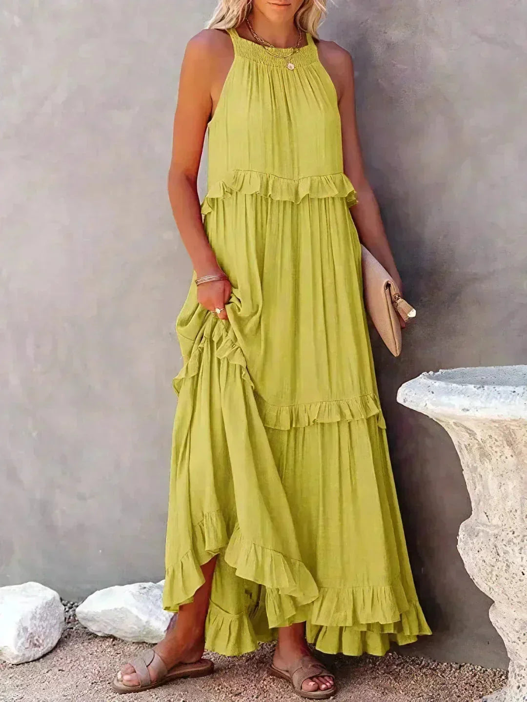 Women's Sleeveless Maxi Dress - Layered Ruffles Summer Wedding Guest Outfit