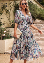 Women's Elegant Floral Midi Dress - Puff Sleeves Summer Outfit