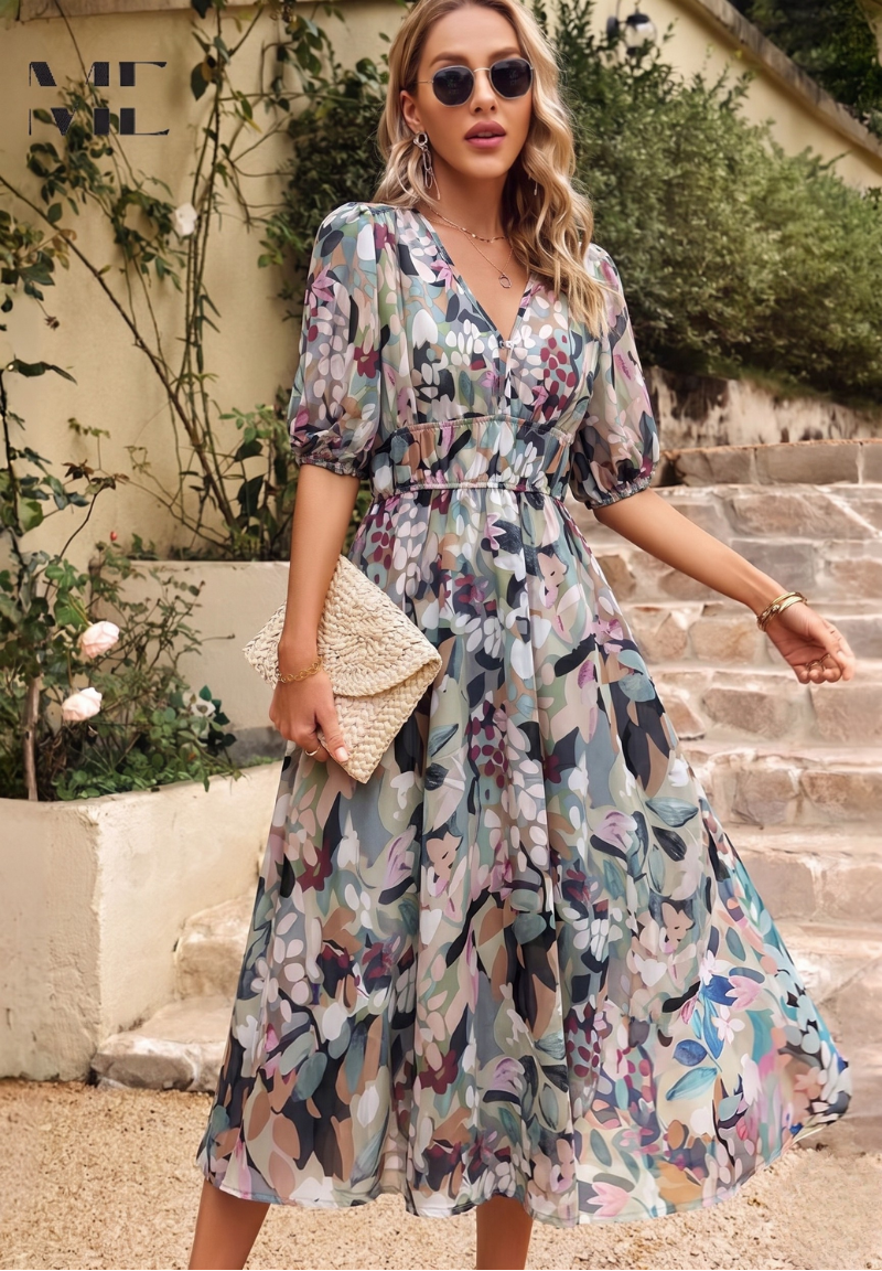 Women's Elegant Floral Midi Dress - Puff Sleeves Summer Outfit