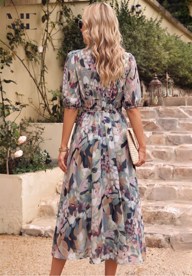 Women's Elegant Floral Midi Dress - Puff Sleeves Summer Outfit