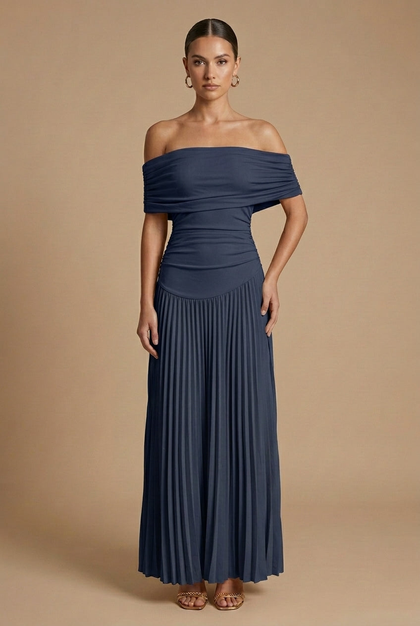 Women's Off Shoulder Maxi Dress - Pleated Stylish Wedding Guest Style